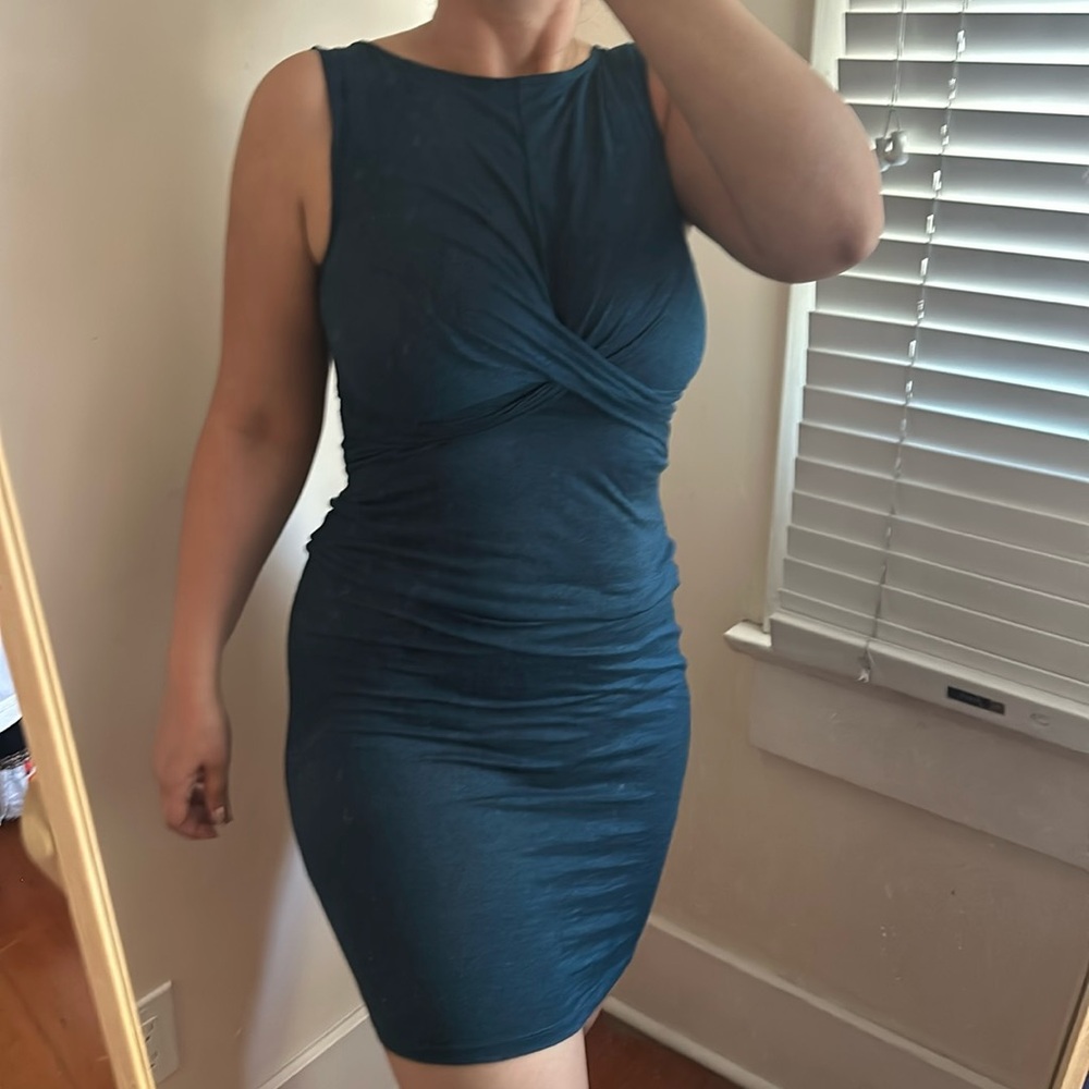 Teal Dark Blue Form Fitting Sleeveless Twisted Knot Tie Bust Knee Length Dress